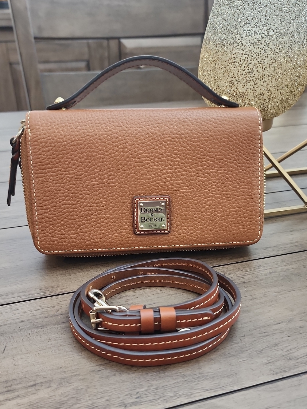 Dooney & Bourke Pebble Leather Crossbody in Saddle Brown with Gold Hardware